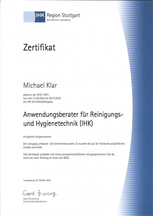 Zertifikat Michael Klar Anwendungsberater (IHK) 28.10.2022