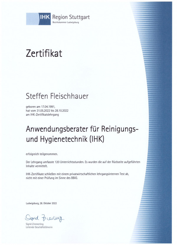 Zertifikat Steffen Fleischhauer Anwendungsberater (IHK) 28.10.2022